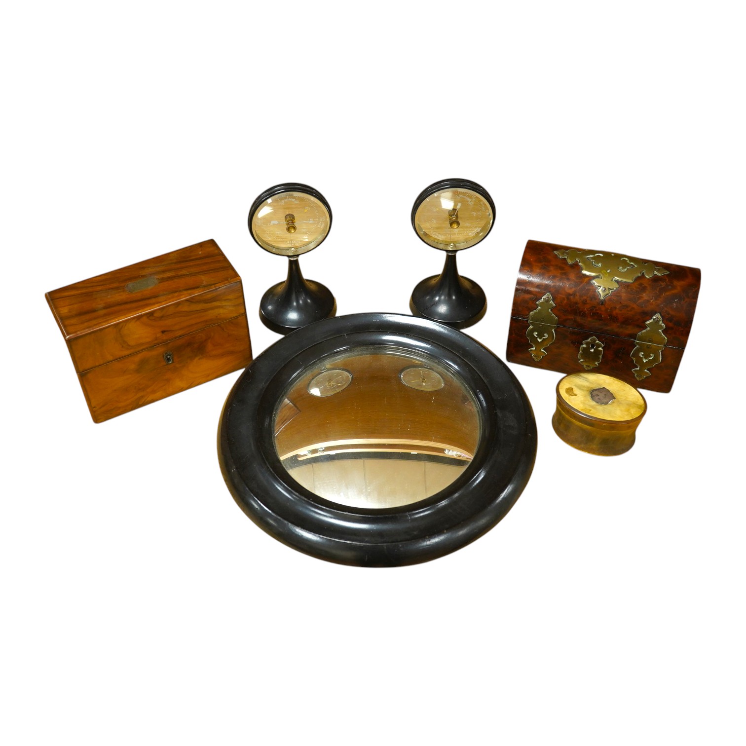 A yew wood domed box, an olivewood scent bottle box, a horn oval box and black circular mirror and two instruments, mirror 30cm diameter. Condition - fair to good